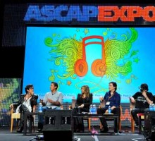"We Create Music" panel at 2011 ASCAP EXPO (l-r): ASCAP's Erik Philbrook, Claudia Brant, Mike Elizondo, Fergie, Trevor Rabin, Kevin Rudolf. Photo by PictureGroup.